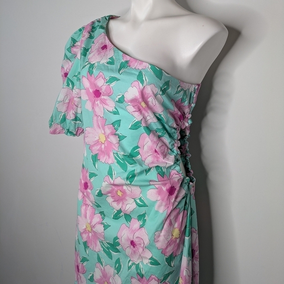 NWT GB Dillard's blue green pink floral one sleeve cutout side dress XXL - Picture 3 of 9